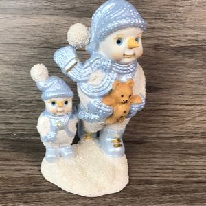 Snowman family figurine winter snow and Teddy bear light blue
